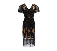 oneforus Womens 1920s Flapper Dress Tassel Sequin Dresses Roaring 20s Gatsby Fancy Costume Vintage Beaded Evening Gown Black Gold