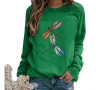 oneforus Women's Cute Dragonfly Print Round Neck T Shirt Casual Loose Graphic Fitting Tops Long Sleeve Pullover Sweatshirt Tops Green