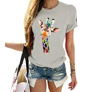 oneforus Women's Cute Giraffe Print Round-Neck Short Sleeve T-Shirt Loose Novelty Funny Printed T Shirts