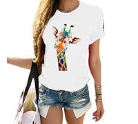 oneforus Women's Cute Giraffe Print Round-Neck Short Sleeve T-Shirt Loose Novelty Funny Printed T Shirts
