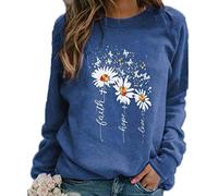 oneforus Women's Small Daisy Faith Print Casual Long Sleeve Round Neck Pullover Sweatshirt Tops Blue