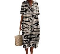 oneforus Women's Summer V Neck Midi Dresses Japanese Art Ocean Fish Print Boho Dress Casual Loose Short Sleeve Long Dresses