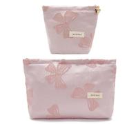 ONEGenug 2-Piece Cosmetic Case Set - A-pink Bow, Floral Pattern - Women & Girls Travel Gift, Makeup Organiser