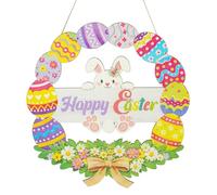 ONEHAUS Easter Decorations Wooden Wreath for Front Door Sign, Happy Easter Cute Egg Porch Decor Welcome Hanging Sign for Outdoor, Wall Hanging Bunny Wreath for Party Home Indoor