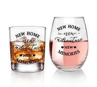ONEHAUS New Home New Adventures Wine and Whiskey Glass Gift Set - Unique Housewarming Gift for New Homeowners - New Home Gift Ideas for Women and Men