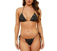 Oneheekini Sexy Bling Bikini for Women Sequin Sparkly Swimsuits Shiny String Crystal Rhinestones Thong Bikini, Black, One Size