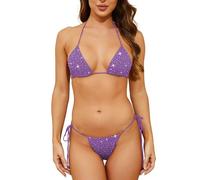 Oneheekini Sexy Bling Bikini for Women Sequin Sparkly Swimsuits Shiny String Crystal Rhinestones Thong Bikini, Purple, One Size