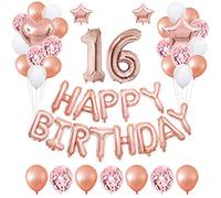 onehous 16th Rose Gold Birthday Party Decorations Pack 48PCS Banner Happy Birthday Decorations for Girls Women Party Supplies Happy Birthday Star Heart Rose Gold Foil Balloons Latex Balloons (16th)