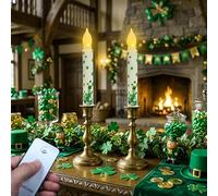 ONEIHOMM St. Patrick's Day Taper Candles with Four Leaf Clover, 6.5" Flameless LED Candles with Remote, 2 Pack Flickering Battery Operated Candlesticks for Party Home Decor