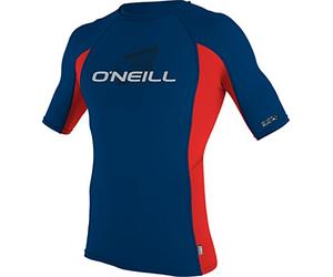 O'Neill Boys' Skins Short Sleeve Crew Rash Guard Nylon Elastane Youth Premium, Deep Sea/Red/Deep Sea, Size 12