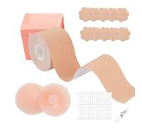 ONEINHE Boob Tape for Breast Lift A-G Cup, with 1 Breast Tape 5m, 5 Pairs Satin Breast Petals, 1 Pair Silicone Nipple Stickers, 36 Pcs Double Side Clothing Tape Beige