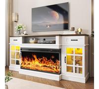 oneinmil 70" Fireplace TV Stand with 3-Sided Glass Electric Fireplace, Farmhouse Wood Entertainment Center with LED Lights, 36" Fire Place TV Stands with Storage Cabinet for Living Room, White