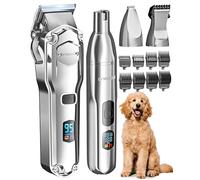 oneisall Dog Grooming Kit 4 in 1, Dog Clippers for Thick Hair with Stainless Steel Blade, Silent Shavers Cordless Pet Paw Trimmer Nail Grinders for Full-Body Grooming PC15