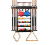 Onemacc Pool Stick Holder, 3-IN-1 Pool Cue Rack,Dart Holder & Ping Pong Paddle Holder,100% Solid Wood Wall Mount Racks Billiards,12 Steel/Soft Tip Darts and Table Tennis Accessories for Man Cave