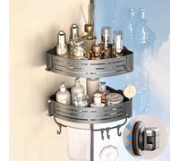 Onemake 2-Pack Corner Shower Caddies with Suction Cups, Removable Aluminum Wall Mounted Organiser Shelves Storage Rack with Towel Bar Portable Hook for Bathroom, Grey