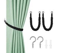 ONEMEAN Curtain Ties, Set of 2 Black Rope Tie Backs with Hooks, Hand Woven for Kitchen, Bathroom, Studio or Any Room Curtains