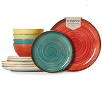 ONEMORE 12pc Dinner Set, Plates and Bowls Set for 4 People, Porcelain Dinnerware Set, Microwavable, Oven & Dishwasher Safe, Scratch Resistant, Assorted Colors