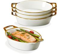 ONEMORE Au Gratin Baking Dish Set of 4, Oval White Ceramic Mini Casserole Dishes with Brown Rim, Oven Safe, 20 oz 6x8 Inches, Ideal for Individual Serving, Lasagna, Quiche