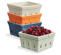 ONEMORE Ceramic Berry Basket, Rustic Stoneware Berry Bowls Colander, Square Fruit Bowls for Kitchen Décor Set of 4, 4.5 inch, Assorted Color