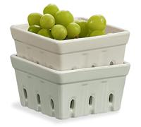 ONEMORE Ceramic Berry Basket, Square Fruit Bowls, Rustic Stoneware Berry Colander Set of 2, 5.7 inch, Gray & Light Green