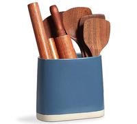 ONEMORE Ceramic Utensil Crock, Large Kitchen Utensil Holder for Countertop, Farmhouse Cooking Utensil Organizer with Cork Mat for Kitchen Counter, Oval Utensil Storage Caddy for Spatula, Blue