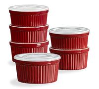 ONEMORE Porcelain Ramekins Set with Lids Set of 6, 8 OZ Ramekin Dishes for Creme Brulee Soufflé, Oven Safe, Red