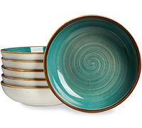 ONEMORE Porcelain Salad Noodle Bowls 850ml Set of 6 Ceramic Salad Dinner Plates, Flat and Wide Serving Bowls for Soup, Dessert, Kitchenware, Teal