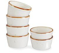 ONEMORE Ramekins 4 oz, Oven Safe Creme Brulee Ramekin Set of 6 for Baking, Speckled Ceramic Souffle Dishes with Brown Rim for Pudding Ice Cream, Porcelain Custard Cups Mini Bowls - Creamy White