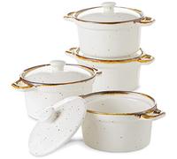 ONEMORE Ramekins with Lids, 12 oz Ceramic Mini Casserole Dish with Handles, Oven Safe Ramekins Set of 4 for Baking Soup, Creamy White