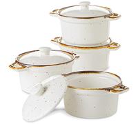 ONEMORE Ramekins with Lids, 12 oz Ceramic Mini Casserole Dish with Handles, Oven Safe Ramekins Set of 4 for Baking Soup, Creamy White