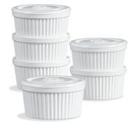 ONEMORE Ramekins with Lids, 8 oz Creme Brulee Souffle Dishes Oven Safe Ceramic Pudding Cups with Silicone Covers Stackable Custard Cups Set of 6 for Baking - White