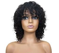 OnePart human wigs short water wave wig with bangs 100% brazilian virgin human hair wig wet and wavy machine made glueless for black women natural black 12inch