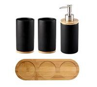 OnePine 4-Piece Ceramic Bathroom Set Includes Soap Dispenser Pump, Toothbrush Holder, Tumblers, Wooden Tray