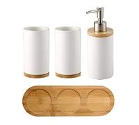 OnePine 4-Piece Ceramic Bathroom Set Includes Soap Dispenser Pump, Toothbrush Holder, Tumblers, Wooden Tray