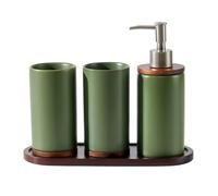 OnePine 4Pcs Matte Green Ceramic Bathroom Accessories Set Complete Includes Soap Dispenser Pump, Toothbrush Holder, Tumblers and Wooden Tray, Modern Bathroom Organizer for Countertop