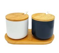 OnePine Set of 2 Sugar Bowl, 260ml Ceramic Spice Jar Salt Container with Lid and Spoon for Home and Kitchen (White and Black)