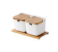 OnePine Set of 2 Sugar Bowl, Ceramic Salt Container Condiment Pots with Bamboo Lid and Ceramic Spoon for Home and Kitchen