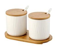 OnePine Set of 2 Sugar Bowl, Ceramic Spice Jar Condiment Pots with Bamboo Lid and Ceramic Spoon for Home and Kitchen