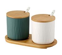 OnePine Set of 2 Sugar Bowl, Ceramic Spice Jar Condiment Pots with Bamboo Lid and Ceramic Spoon for Home and Kitchen