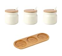 OnePine Set of 3 Sugar Bowl, 300ml Ceramic Spice Jar Seasoning Container Salt jar with Bamboo Lid and Ceramic Spoon for Kitchen