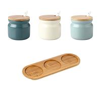 OnePine Set of 3 Sugar Bowl, 300ml Ceramic Spice Jar seasoning container salt jar with Bamboo Lid and Ceramic Spoon for Kitchen