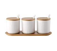 OnePine Set of 3 Sugar Bowl, Ceramic Spice Jar Condiment Pots with Bamboo Lid and Ceramic Spoon for Home and Kitchen