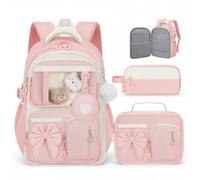 OnePlum School Backpack for Girls, 4Pcs Girls Backpack with Lunch Box, Cute Bookbag for Kids Teens Elementary Middle School, Pink, 4Pcs Set, School Backpack