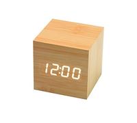 Onerbuy Wooden Digital Cube Alarm Clock Touch Sound Activated Desk Clock Portable Travel Clock with LCD Display for Time, Temperature, Calendar, 3 Alarm Settings (Yellow)