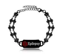 Oneress Black Epilepsy Bracelet, ICE Medical Tag, Adjustable Heart Chain, Custom Engraved ID, Emergency Jewelry for Seizures and Medical Alerts YA5199 Black Epilepsy