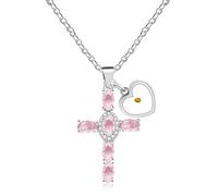 Oneress Classic Popular Cross Necklace with Pink Zircon Stones Inlay, Unique Love Heart Mustard Seed Pendant Faith Religious Jewelry, Gifts for Thanksgiving Parties Birthdays（Pink）