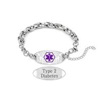 Oneress Custom Engraved Stainless Steel Medical Alert Bracelet with Purple Life Star Symbol, Adjustable Emergency Medical ID Bracelets with Dynamic QR Code Option for Women, M, Metal, no gemstone