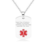 Oneress DIY Medical ID Necklace, Platinum Plated Minimalist Info Tag, Personalized Emergency Pendant, Blood Type Tag for Women YA5217 White DIY
