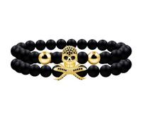 Oneress Energy Stone Bracelet, 8mm Black Obsidian Beads with Brass Skull Charm, Handmade Punk Style Bracelet Clothing Matching Jewelry Gifts for Husband YA4723 (Gold)