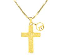 Oneress Gold Textured Cross Mustard Seed Necklace, Shining Gold Embossed Texture Cross and Round Mustard Seed Mountain Pendant Necklace for Women and Men YA4453